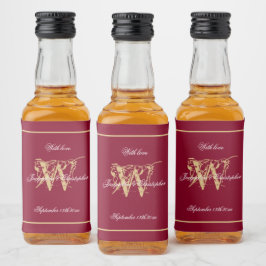 ブルゴーニュ&金ゴールドエレガントモノグラムシッ結婚チズミニ リキュールボトルラベル