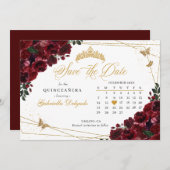 ブルゴーニュ&金ゴールドクインセアニラ日付を保存 招待状 (正面/裏面)