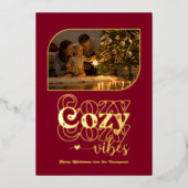 ブルゴーニュ&金ゴールドコージービベスレトロクリスマスフォト 箔シーズンカード (正面)