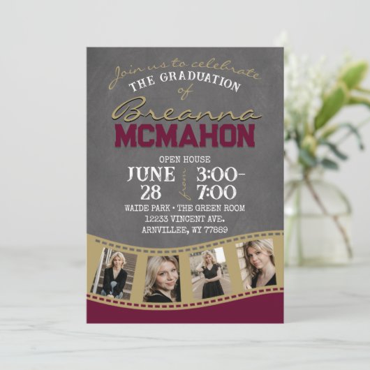 ブルゴーニュ&金ゴールドシャルボードフィルムストリップ卒業 招待状 (スタンド正面)