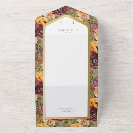 ブルゴーニュ&金ゴールドジュエルフローラグリーンディナー オールインワン招待状 (外側)