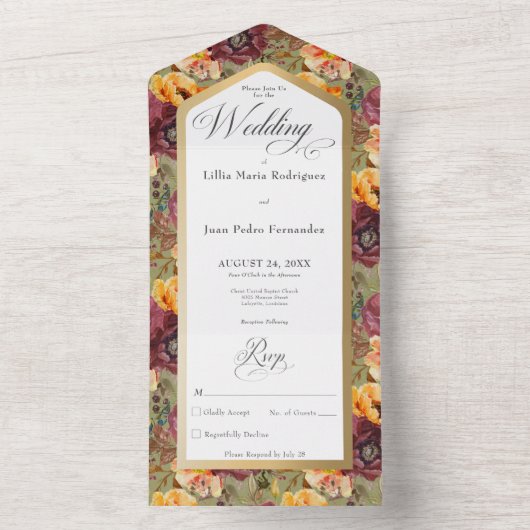 ブルゴーニュ&金ゴールドジュエルフローラグリーンNoディナー オールインワン招待状 (内側)