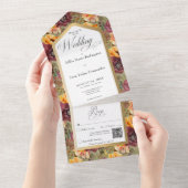 ブルゴーニュ&金ゴールドジュエルフローラグリーンQRコード オールインワン招待状 (貼ってはがせる)