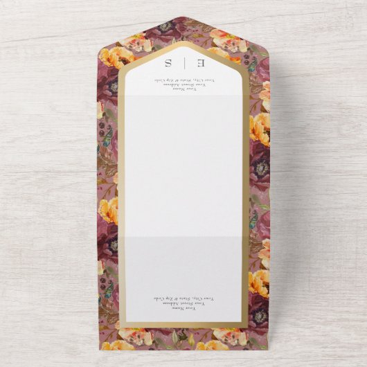 ブルゴーニュ&金ゴールドジュエルフローラ金ゴールドフレームQRコード オールインワン招待状 (外側)