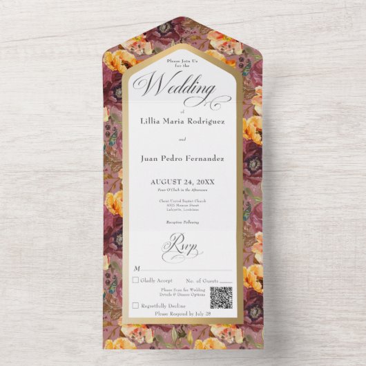 ブルゴーニュ&金ゴールドジュエルフローラ金ゴールドフレームQRコード オールインワン招待状 (内側)