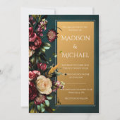 ブルゴーニュ&金ゴールドフローラモダン結婚式招待状 招待状 (正面)