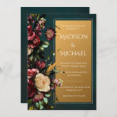 ブルゴーニュ&金ゴールドフローラモダン結婚式招待状 招待状 (正面/裏面)