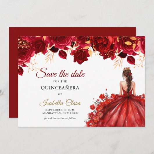 ブルゴーニュ&金ゴールドプリンセスクインセアニェラ日付を保存 案内状 (正面/裏面)