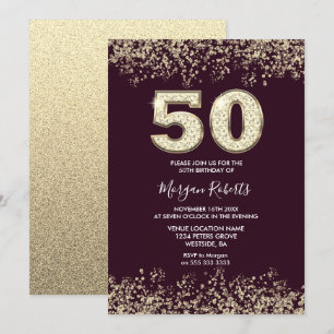ブルゴーニュ&金ゴールドメンズまたは女性50th誕生日パーティー 招待状
