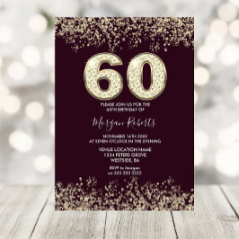ブルゴーニュ&金ゴールドメンズまたは女性60th誕生日パーティー 招待状