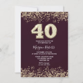 ブルゴーニュ&金ゴールドメンズ女性40th誕生日パーティー 招待状 (正面)