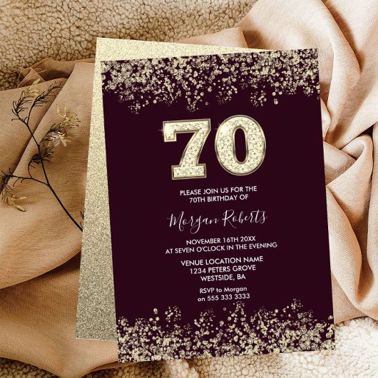 ブルゴーニュ&金ゴールドメンズ女性70thバースデーパーティー 招待状