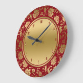 ブルゴーニュ&金ゴールドヴィンテージダマスパターン ラージ壁時計 (傾斜)