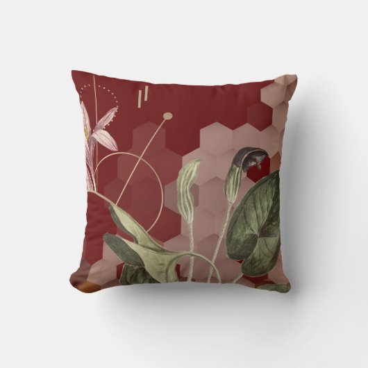 ブルゴーニュ&金ゴールド芸術的フローラグラデーション六角 クッション (正面)