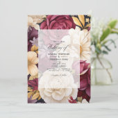 ブルゴーニュ、金ゴールド、アイボリーフローラ秋の結婚式 招待状 (スタンド正面)