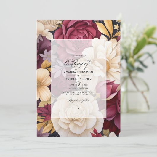 ブルゴーニュ、金ゴールド、アイボリーフローラ秋の結婚式 招待状 (スタンド正面)