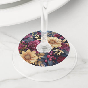 ブルゴーニュ、金ゴールド、海軍フローラ ワイングラスタグ