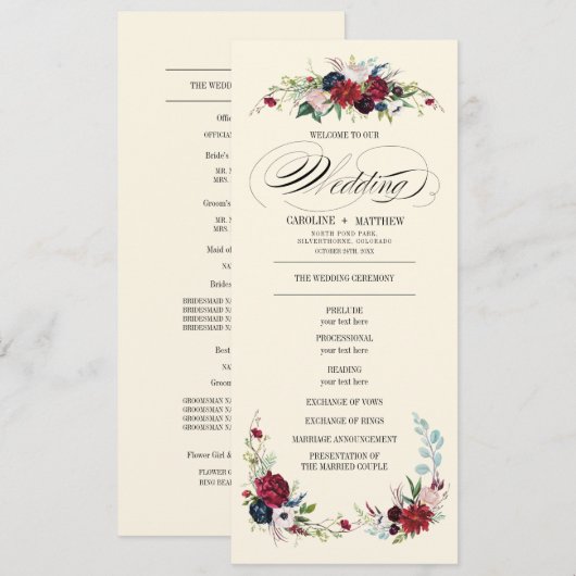 ブルゴーニュ |青 |レッドフローラクリーム結婚式 プログラム (正面/裏面)