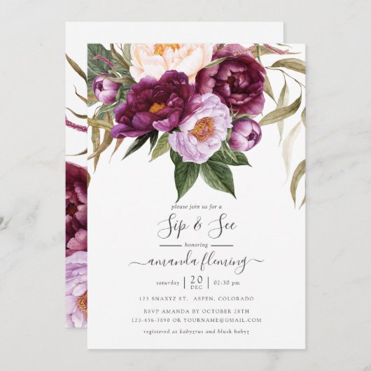ブルゴーニュ – Marsala and PeachフローラSip and See 招待状 (正面/裏面)