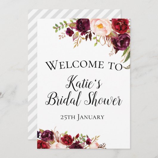 ブルゴーニュBohoフラワーウェルカムサイン5x7"サイズ 招待状 (正面/裏面)