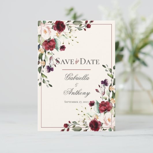 ブルゴーニュeucalyptusフローラ結婚式の日付を保存 セーブザデート (スタンド正面)