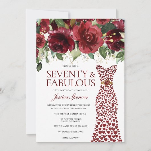 ブルゴーニレッドドレス70と素晴らしい70誕生日 招待状 (正面)
