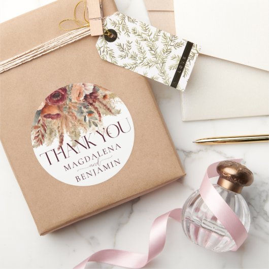 ブルゴーンディテラコッタ秋花模様パンパスサンキューバッド ラウンドシール (ギフト)