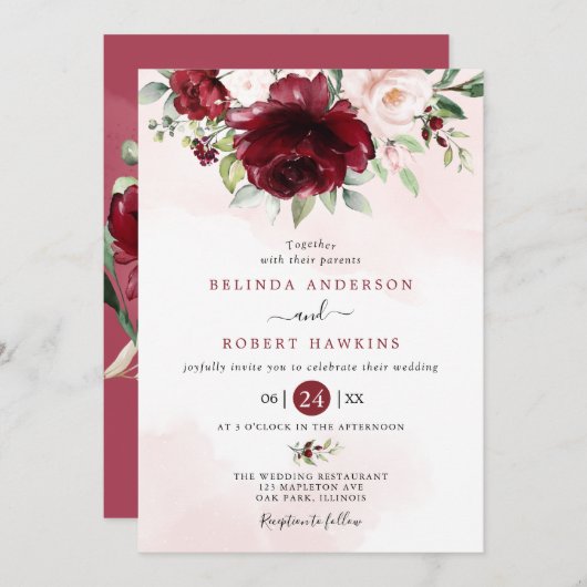 ブルゴ素朴ンディ赤面ピンクフローラグリ結婚ーナリー 招待状 (正面/裏面)