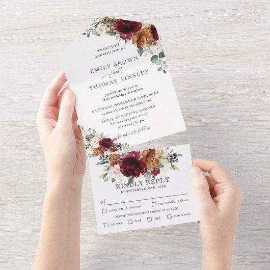 ブルゴ素朴ンディ赤面錆アイボリーフローラ結婚ズ   オールインワン招待状 (貼ってはがせる)