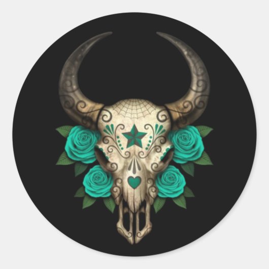 ブルシュガースカルとティール(緑がかった色)バラオンブラック ラウンドシール (正面)