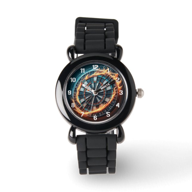 ブルズアイ爆発を伴う燃えるようなダーツボード 腕時計 (正面)