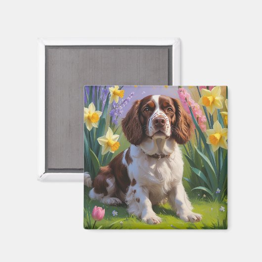 ブルターニュ・スパニエル 犬 春の花の絵画 マグネット (正面/裏面)