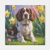 ブルターニュ・スパニエル 犬 春の花の絵画 マグネット (正面)
