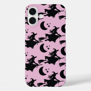 ブルックスティックに黒いウィッチを飛んでいる持つピンク iPhone 16 PLUSケース
