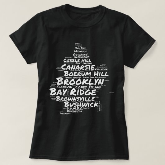 ブルックリンニューヨーク地区ワードクラウドブルックリー Tシャツ (デザイン正面)