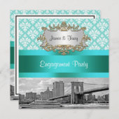 ブルックリンブリッジNYCロビンエッグウエットダマスク婚約 招待状 (正面/裏面)