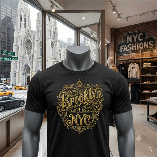 ブルックリンNYC豪華な金の透かし彫りタイポグラフィーアート Tシャツ