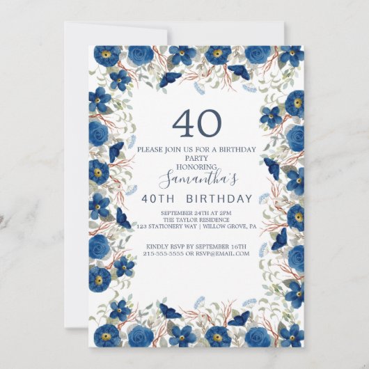 ブルッシュとネイビーの花の青いリース 40歳の誕生日 招待状 (正面)