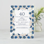 ブルッシュとネイビーの花の青いリース 40歳の誕生日 招待状 (スタンド正面)