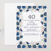 ブルッシュとネイビーの花の青いリース 40歳の誕生日 招待状 (正面/裏面)