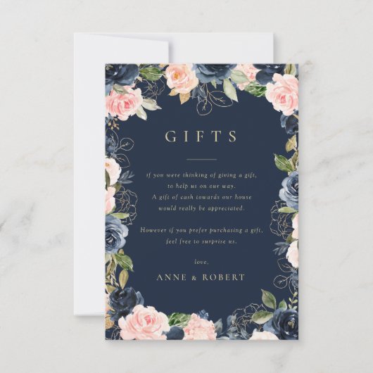 ブルッシュとネイビーの花柄のウェディングギフトカード 招待状 (正面)