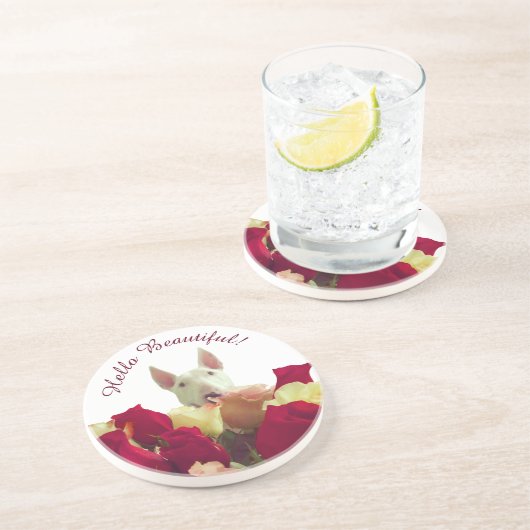 ブルテリアとバラグリーティング – Hello Beautiful コースター (側面)