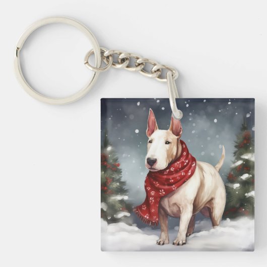 ブルテリアの犬と雪のクリスマス キーホルダー (正面)