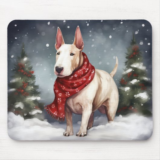 ブルテリアの犬と雪のクリスマス マウスパッド (正面)