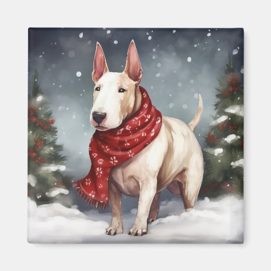 ブルテリアの犬と雪のクリスマス マグネット (正面)