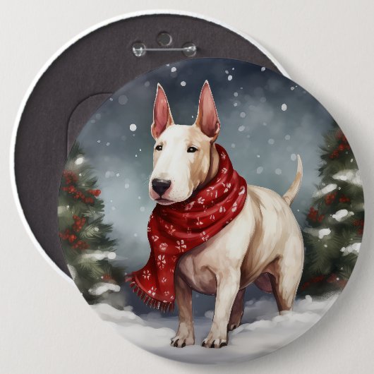 ブルテリアの犬と雪のクリスマス 缶バッジ (正面&裏面)