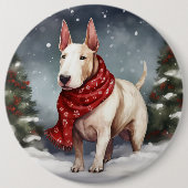 ブルテリアの犬と雪のクリスマス 缶バッジ (正面)