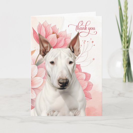 ブルテリアの犬のソフトピンクの植物の花 サンキューカード (正面)