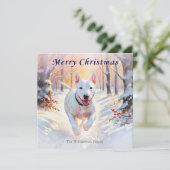 ブルテリアの犬の冬の雪のメリークリスマス シーズンカード (スタンド正面)