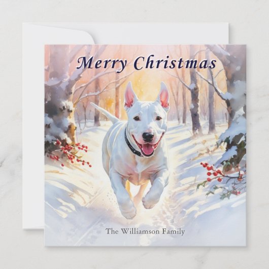 ブルテリアの犬の冬の雪のメリークリスマス シーズンカード (正面)